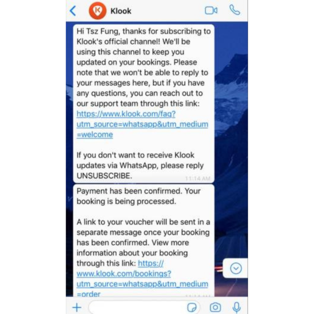 Klook- Transactional Messages screenshot | WhatsApp Marketing | Hippo 