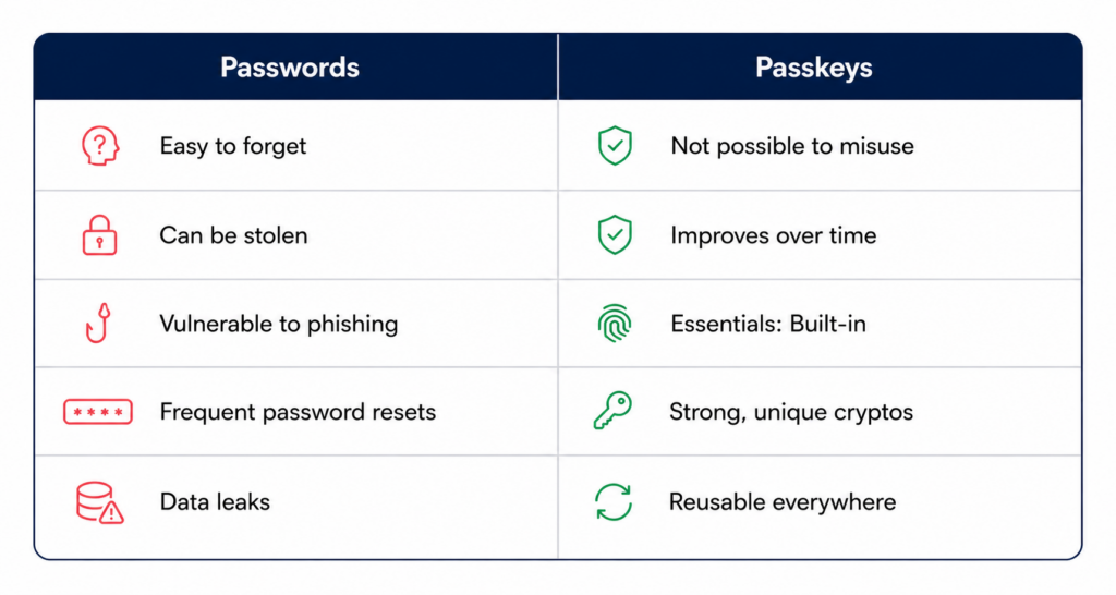 Apple Passkeys infographic comparing passwords and passkeys across security, phishing protection, and usability.
