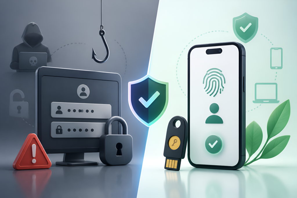 Apple Passkeys comparison showing traditional passwords versus secure biometric passkey authentication on Apple devices.